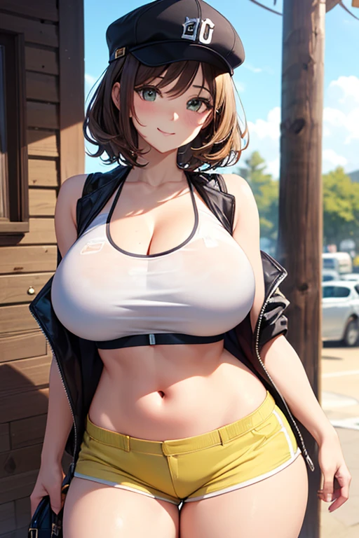 (best quality:1.5, highres, UHD, 4K, detailed lighting, shaders, HDR, hand depiction, anime style), brown ponytail, large breasts, black bikini, jean shorts, necklace, slanted eyes, smiling, standing, sexy, street background, close shot