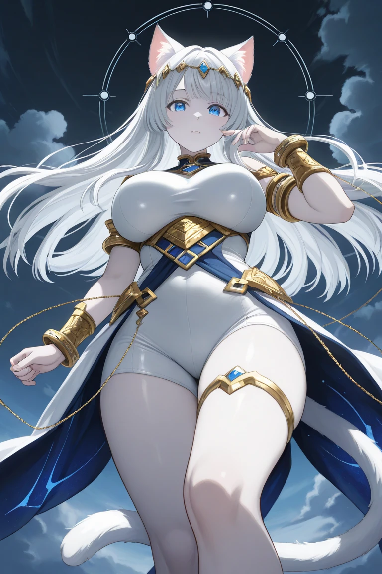 White shirt, long untied hair, pinched eyes, big tits, thick thighs, white panties, white thighhighs, dark purple hip skirt, no bra, glasses, full body