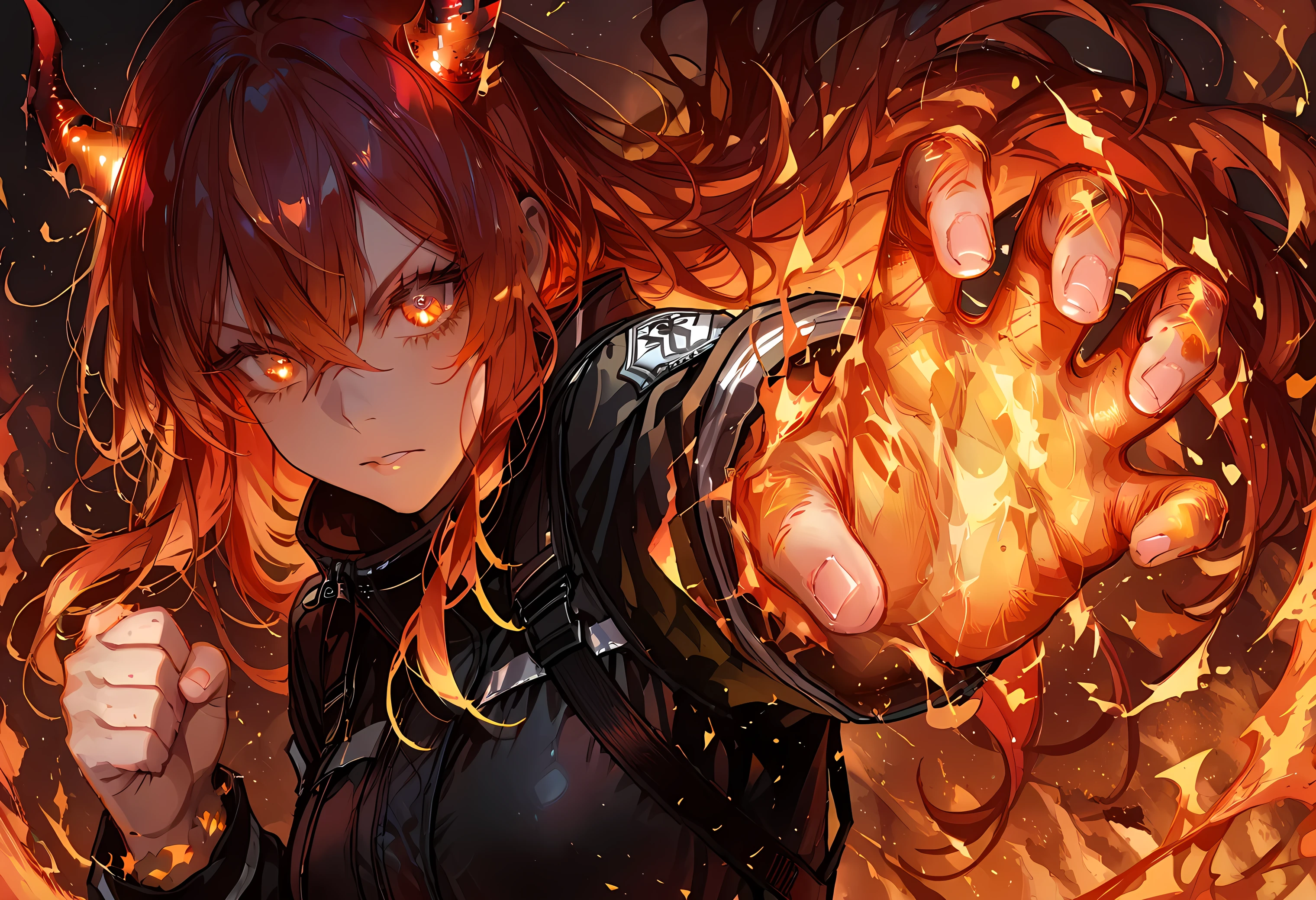 score_9, score_8_up, score_7_up, source_anime, 1girl, solo, flame hair, burning hair, red hair, long hair, fire horns, fire effect eyes, beautiful eyes, upper body, black jumpsuit, dynamic poze, close up shot hand, burning hand, fire hand, flame on arm, hand focus, punching, outstretched arm, burning, clenched hand, foreshortening, Detailed background, ruined city background