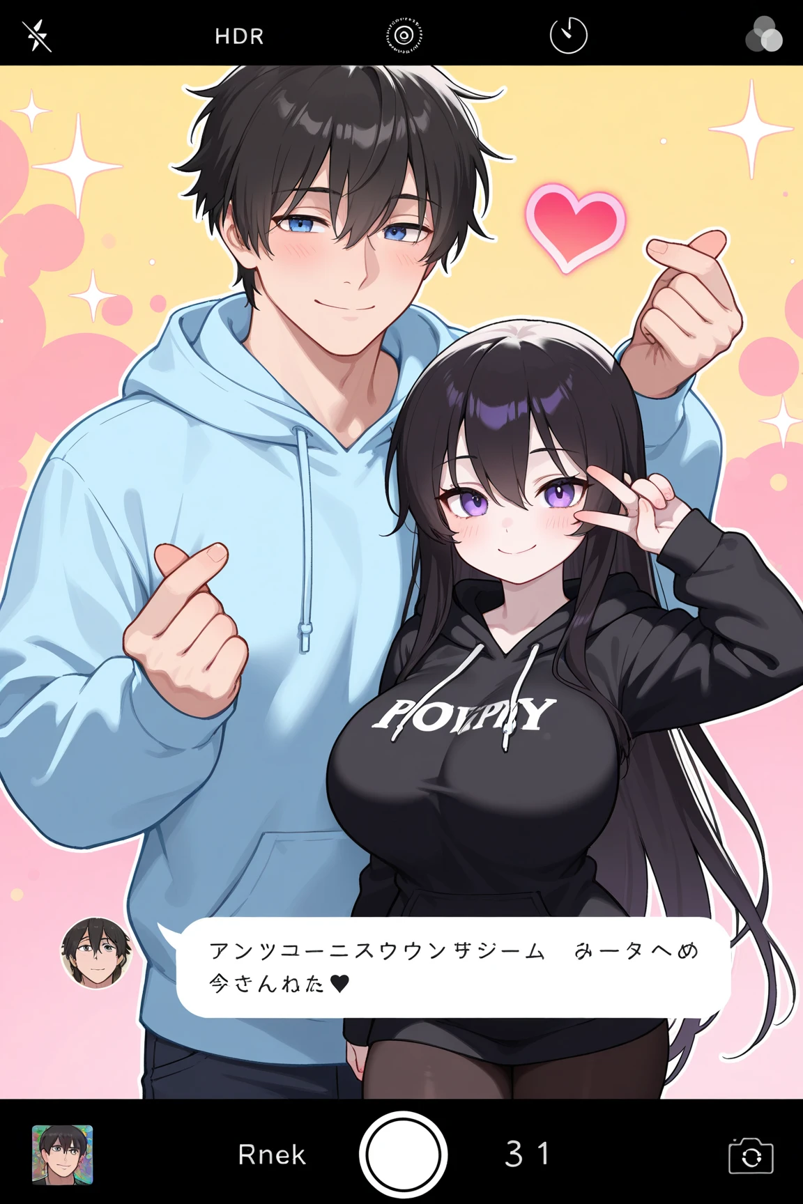 Anime style girl with brown hair with a black sweater that says i love mm2 with bare shoulders, long hair, black skirt, light pink cheeks, anime style, who has her hands on her head back and smiles and who has big breasts, long hair and where her breasts are noticeable and they look giant, accompanied by a boy with black hair with colored streaks of green, yellow, pink, blue, orange who has a sweater with a black tie, cheeks, who has light pink cheeks, anime style, smiling with a Roblox cap and gold and white horns and poses with her hands on her head back and a silver spicy chili necklace and a bag for her hips and he hugs the girl by the hip and her head on his shoulder