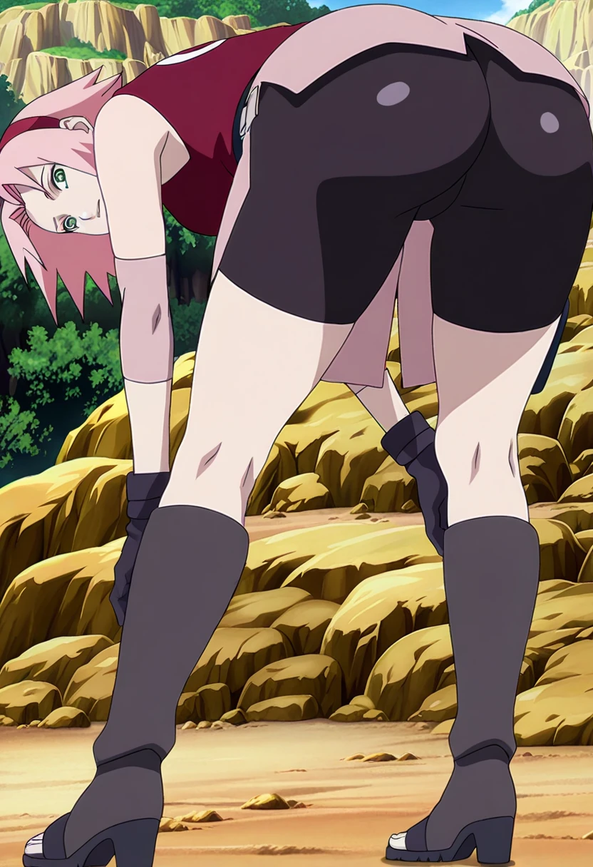 score_9,score_8_up,score_7_up,source anime,anime screencap,anime coloring,intricate details,fake screenshot,masterpiece,best quality,very aesthetic,(shiny_skin:1.3),anime screencap,anime coloring,Japanese TV anime style,
BREAK
sakura,1girl,54kur4 h4run0,pink hair,green eyes,short hair,shinobi outfit,gloves,shorts,grey boots,boots,heels,heeled boots,bike shorts,toeless footwear,jacket,sleeveless,black shorts,bare shoulders,skirt,pink skirt,
looking_at_viewer,from back, toned ass, toned legs, big ass, huge ass, dimples on ass, meaty ass, meaty thighs, thick thighs, juicy ass,bubble butt, wide hips,sticking out her butt, , from back,big butt, ass focus, shiny shorts, ass focus, picking up skirt showing ass,looking back at viewer, full body visible, full growth, showing ass, detailed ass, detailed face, detailed eyes,standing straight, 