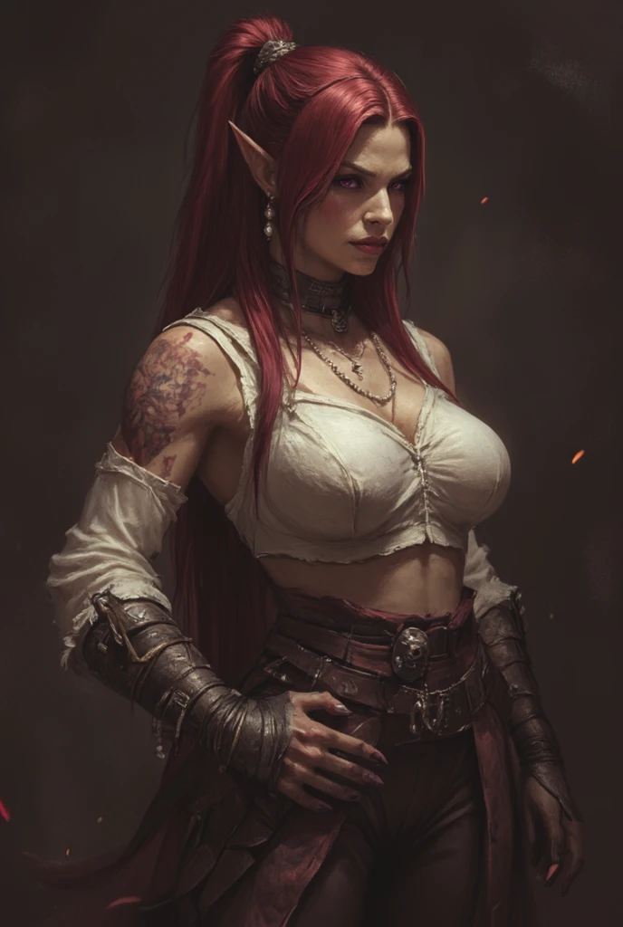 “A woman with red hair and tattoos, wearing a strapless blouse, posing for a photo. She is a very beautiful elf model with a realistic upper body. The art is inspired by the style of Anne Stokes, with a seductive touch of dark cyberpunk fantasy. The character is highly detailed and the digital rendering is in 4K.”