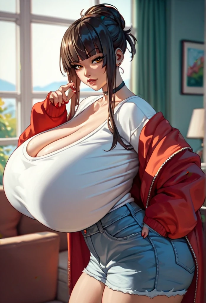 masterpiece, detailed, (realistic;1.2), young woman, teenager, young, (beautiful face, detailed face), (gigantic breasts:1.7), (bursting breasts:1.4), (frustrated expression:1.3), cute, innocent, pigtails, annoyed