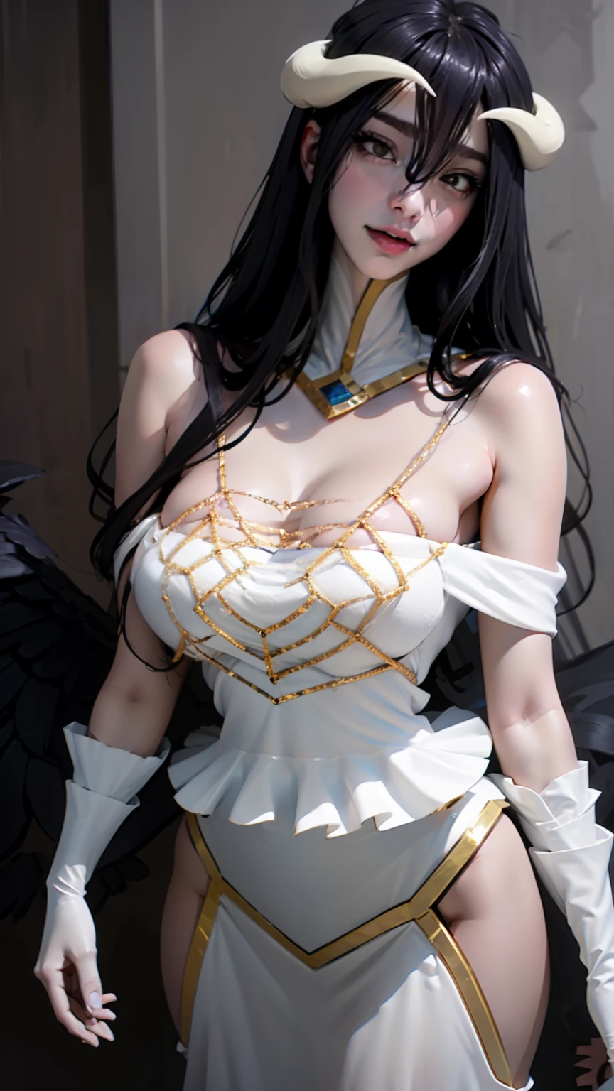 （（（albedo \(the good\), white horns, demonic horns, Pupil of the slit，White dress, long  skirt，Black wings, Feathered wings，black color hair，Golden pupils，Fashionab））），((tmasterpiece)),A high resolution, ((Best quality at best))，tmasterpiece，top-quality，Best quality，（（（ exquisite facial features，looking at viewert,There is light in the eyes，Smilingly，Self-confident ））），（（（Light and shadow interlace，huge boob，Lop，Protruding nipples））），（（（araf asian woman posing, Looking up from the bottom，face flushed，an sexy，sit on a bed，with her mouth open、Put your arms behind your head、））, horns
