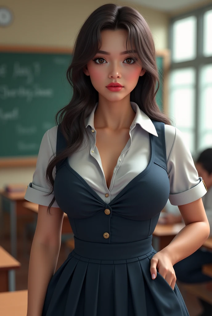 Sexy girl,long ponytail, teacher dress, midium ,3 buttons open at the chest