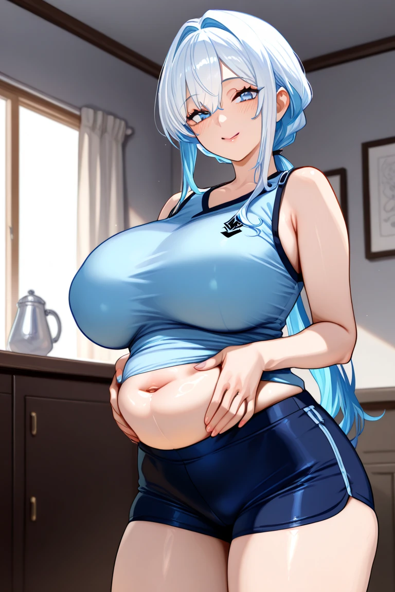 kobo kanaeru - hololive, 1girl, (((bimbo))), blue hair, blue eyes, white hair, multicolored hair, wave hair, blue eyes (((bimbo))), thin lips, painted lips, smile face, pregnant belly, big belly, wide hips, thick thighs, huge round ass, enormous natural breasts, shiny oily breasts, sports bra, full body, gym, nsfw