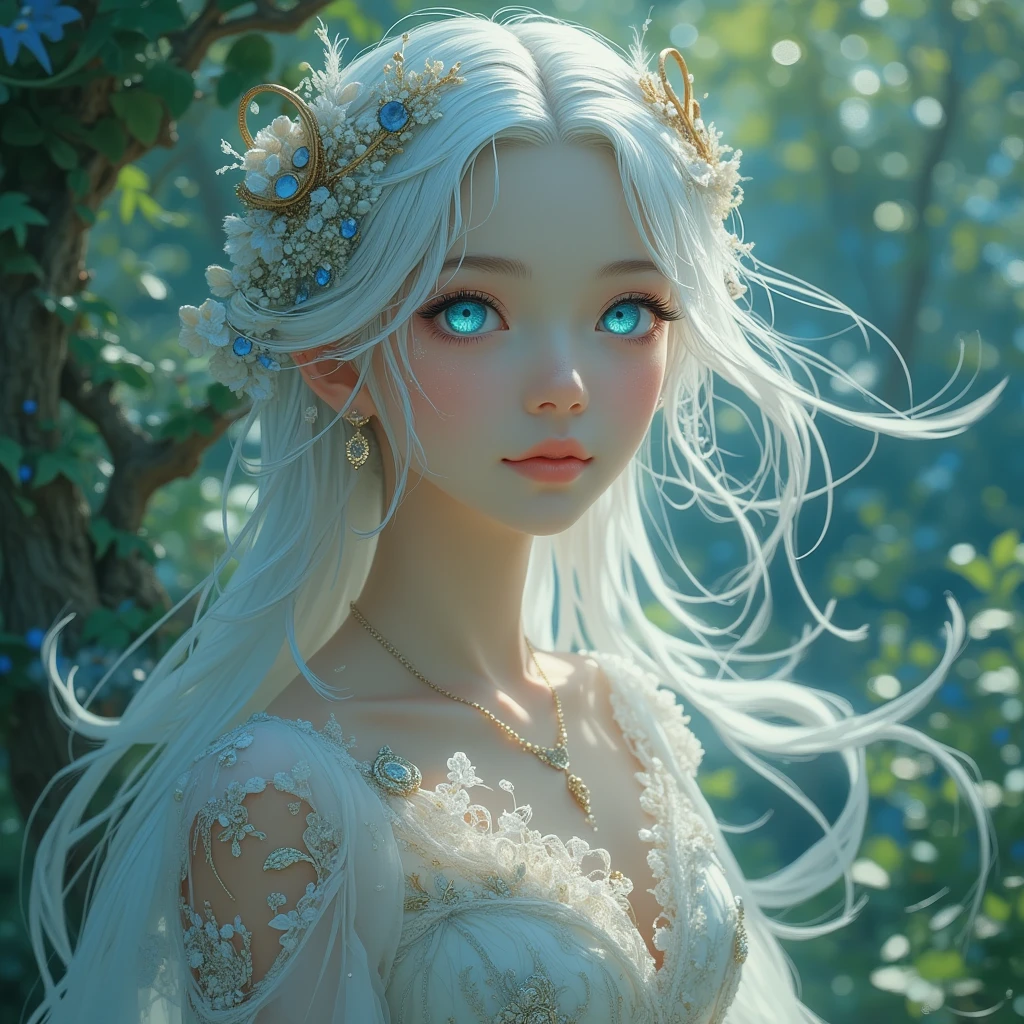 A dreamy, ethereal portrait of a young woman with long, flowing white hair adorned with colorful butterflies and delicate flowers. She gazes upward with large, enchanting eyes that shimmer with a soft glow. The background features a serene blue sky, enhancing the whimsical atmosphere. Sparkling light effects add a magical touch to the scene.