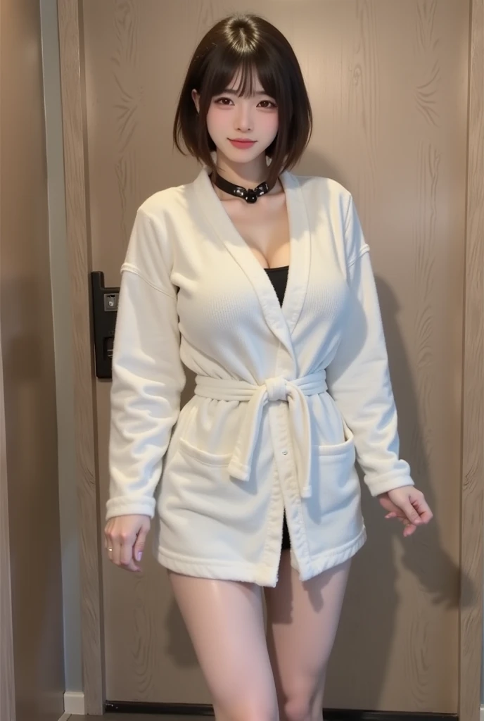 masterpiece, best quality, illustration, Super detailed, fine details, High resolution, 8K,wall paper, perfect dynamic composition,(Details High quality, realistic depiction of eyes:1.3), oversized judo uniform white, sitting, open legs, short bob hair, in a hotel room in the background, large breasts, black hair color, Big Natural Color Lip, (perfect body shape), crying a little、Harajuku style、20 year old girl、cute type、beautiful legs, Gravure Idol