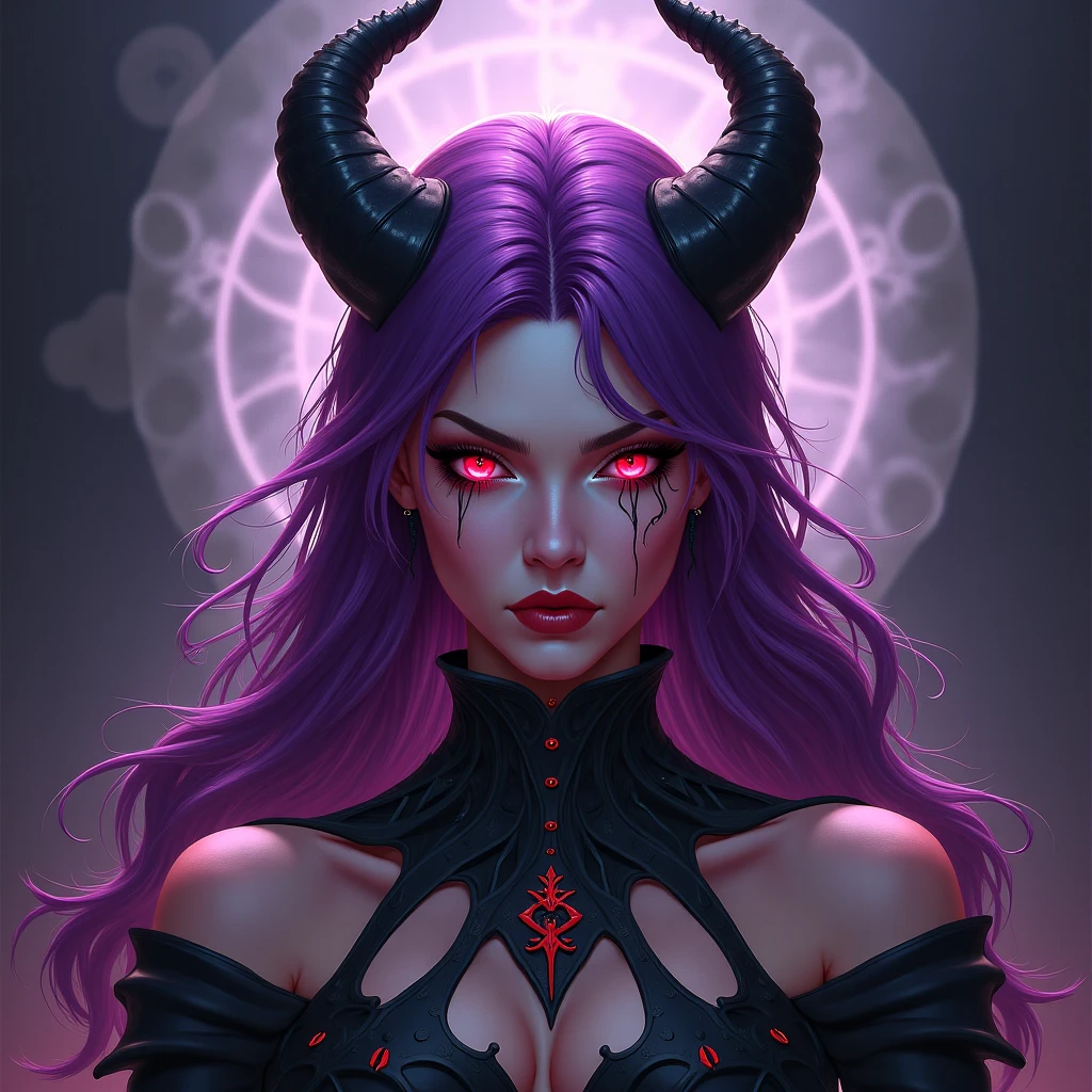 8k wallpaper extremely detailed) +, an average photo of a woman with horns and purple fire in her hair, beautiful elegant demon queen, portrait of a dark fantasy nymph, portrait of a female demon, portrait of demon girl, white horns demon queen, with horns, real and menacing vision, dark queen of snakes, design girl lush horns, demon woman, digital fantasy portrait, portrait of a scorpion goddess in a destroyed cyberpunk city, detailed eyes, waist up Intricate, high detail, dramatic, best quality masterpiece, photorealistic, detailed, 8k, HDR, backlighting, flower, light glows, chromatic aberration, sharp focus
