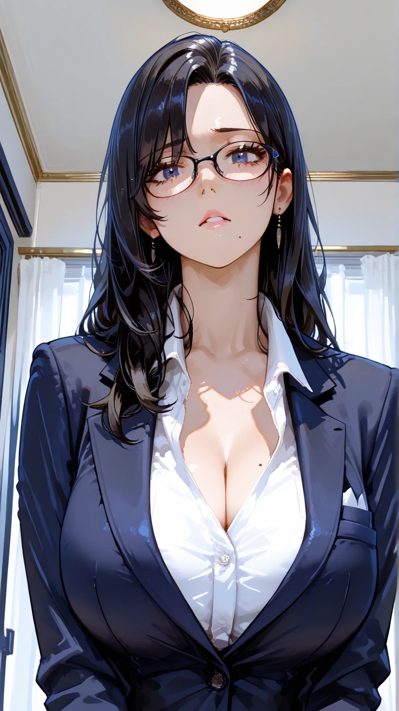 popped collar ,High collar,White shirt,sexy Wife,Lying down,Naked shirt,Dress shirt,Glasses,MOTHER,