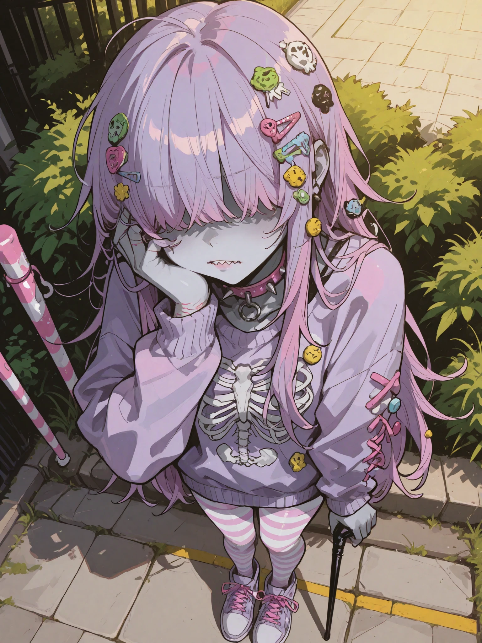 Upper body illustration, fixed perspective, isometric perspective, standing on sidewalk, holding cane, using cane, thighs together, pout, 1 hand on cheek, 1 hand on cane, from above, 1 femboy, (pink yellow messy long hair), boyish, ((hair covers eyes)), (((decora hair clips))), adult, sharp teeth, bluish gray skin, pink purple striped cane, sharp teeth, skeleton motif, ((hidden eyes)), pink lipsticks, fluffy purple sweater, candy motif, pink spiked collar, self harm cuts, bandaged arm, lavender sneakers with pink laces, striped tights, sharp lines, rounded shapes, ultra quality, HDR, 8k, kawaii, cel shading, high contrast, outside, blue green grass, green trimmed bush, white sidewalk, daytime, yellow lighting