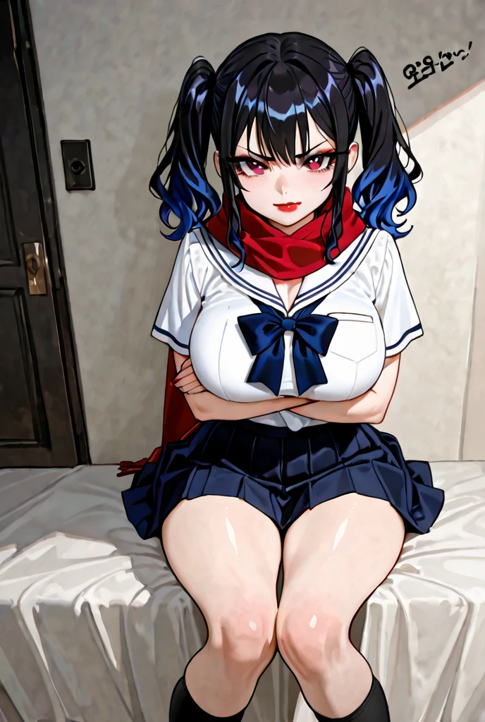 score_9, score_8_up, score_7_up,score_6_up, score_5_up, score_4_up , 1girl, solo, aamars, long hair, (((black hair))), tiara, earrings, red choker, red sailor collar, white shirt, elbow gloves, white gloves, pleated skirt, red skirt, bare legs, aamercury, short hair, blue hair, tiara, earrings, blue eyes, 5 toes, red toe nails, tied ankles together, tied arms, sit on a chair,with no shows,
