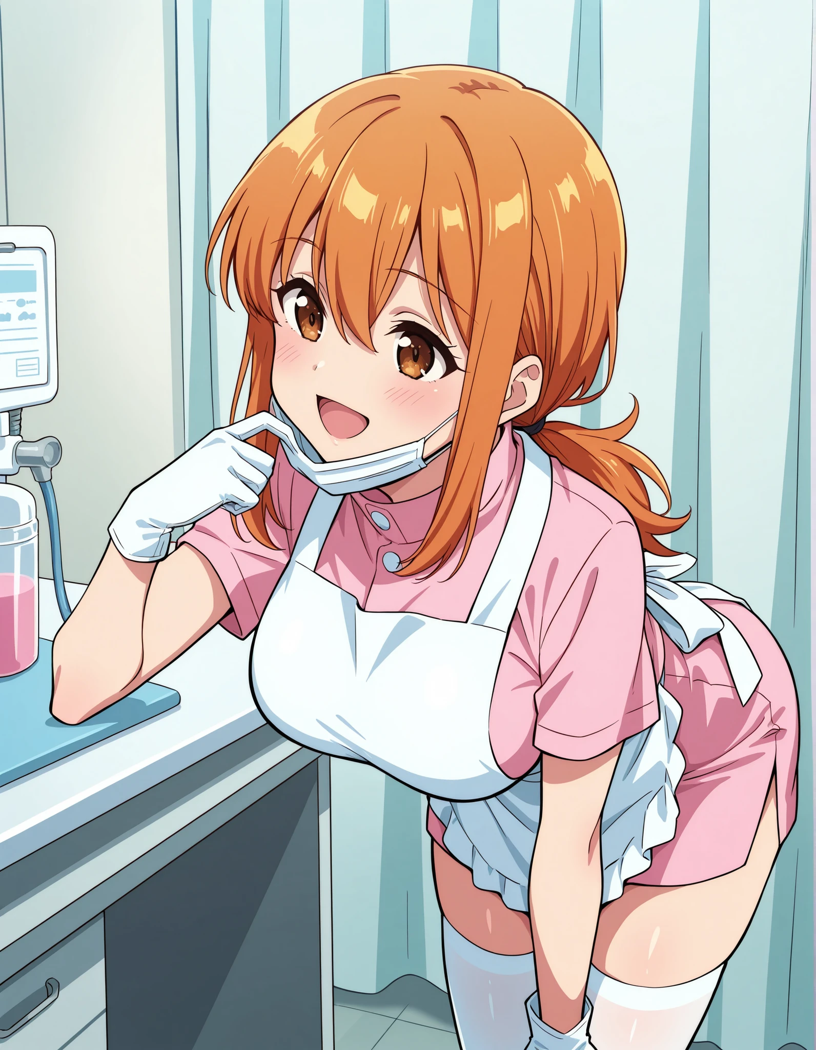 Score_9, score_8_up, score_7_up, source_anime, Aki Minami, solo, alternate hairstyle, low ponytail, orange hair, sidelocks, hair between eyes, bangs, brown eyes, large breasts, (best quality), (high quality), {masterpiece}, extremely delicate and beautiful, ultra-detailed, beautiful detailed eyes, dental hygienist, pink medical scrub, short sleeves, high collar, white apron, white latex gloves, white thighhighs, dentist office, white mask, mask pull, smile, open mouth, leaning forward