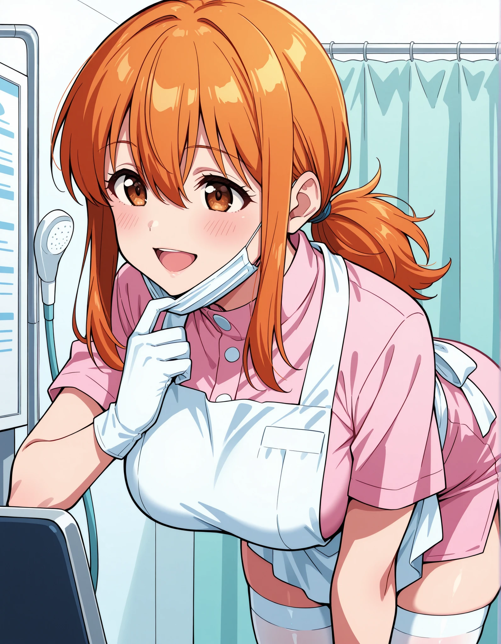 Score_9, score_8_up, score_7_up, source_anime, Aki Minami, solo, alternate hairstyle, low ponytail, orange hair, sidelocks, hair between eyes, bangs, brown eyes, large breasts, (best quality), (high quality), {masterpiece}, extremely delicate and beautiful, ultra-detailed, beautiful detailed eyes, dental hygienist, pink medical scrub, short sleeves, high collar, white apron, white latex gloves, white thighhighs, dentist office, white mask, mask pull, smile, open mouth, leaning forward