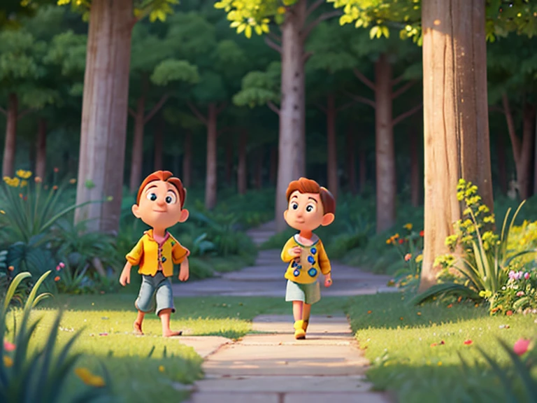 Abdullah, A happy one, friendly 10 year old Turkish boy, Im Hintergrund die Landschaft von Trabzon, In der Kleidung gibt es Elemente von Burgund und Blau. Cartoon-Disney-Pixar-Stil.  walks through a magical forest with three brothers through