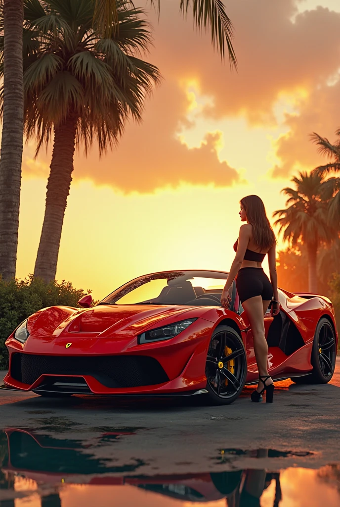 Vacation home, or townhouse, There is a red Ferrari nearby, Near the car - a sexy girl