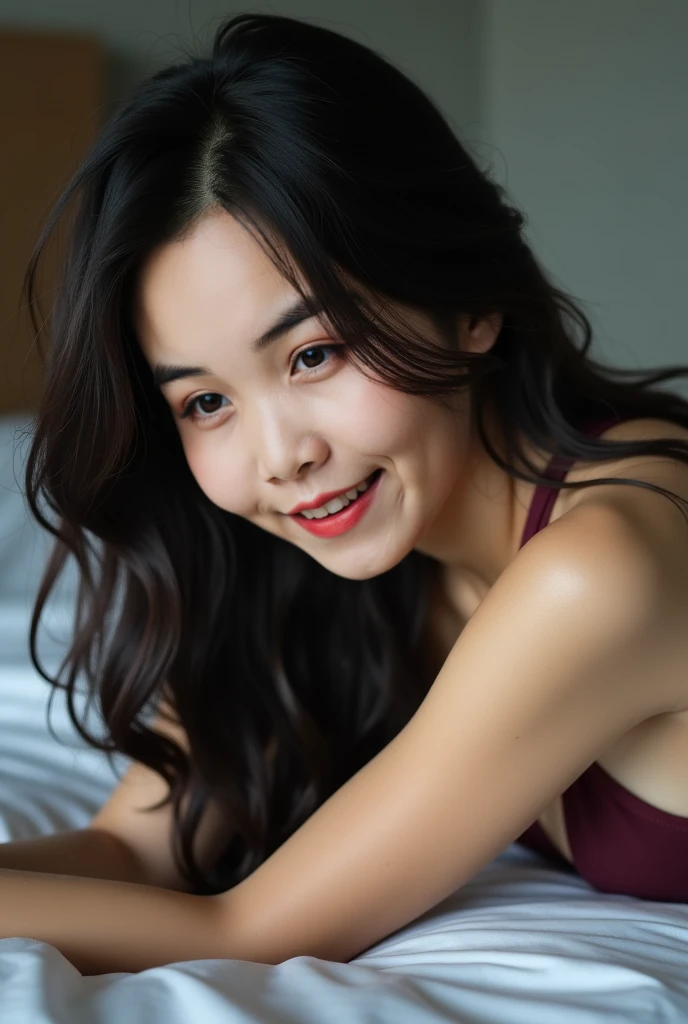 Create a beautiful young woman with white skin, black hair in a room, dressed in red lingerie, captured in a photo taken with an iPhone 15. She is lying on a bed, looking at the camera, smiling, with medium-sized breasts.
