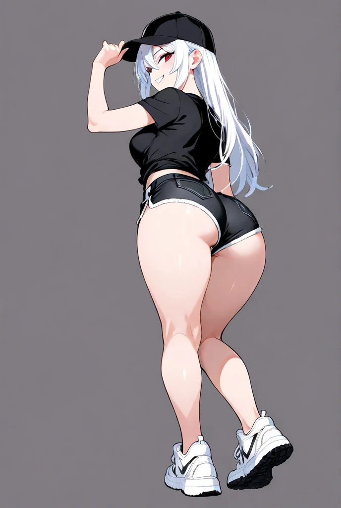 mixed_artwork style, 1 girl, standing alone, hands, beautiful woman, Asian, thick, short white blouse tied, short shorts, ptinta eyes, white hair ptinta locks, twin tails, realistic, textures, 8K, perfect hand, perfect anatomy, Profile, visible curves, Breasts, Hand on the waist