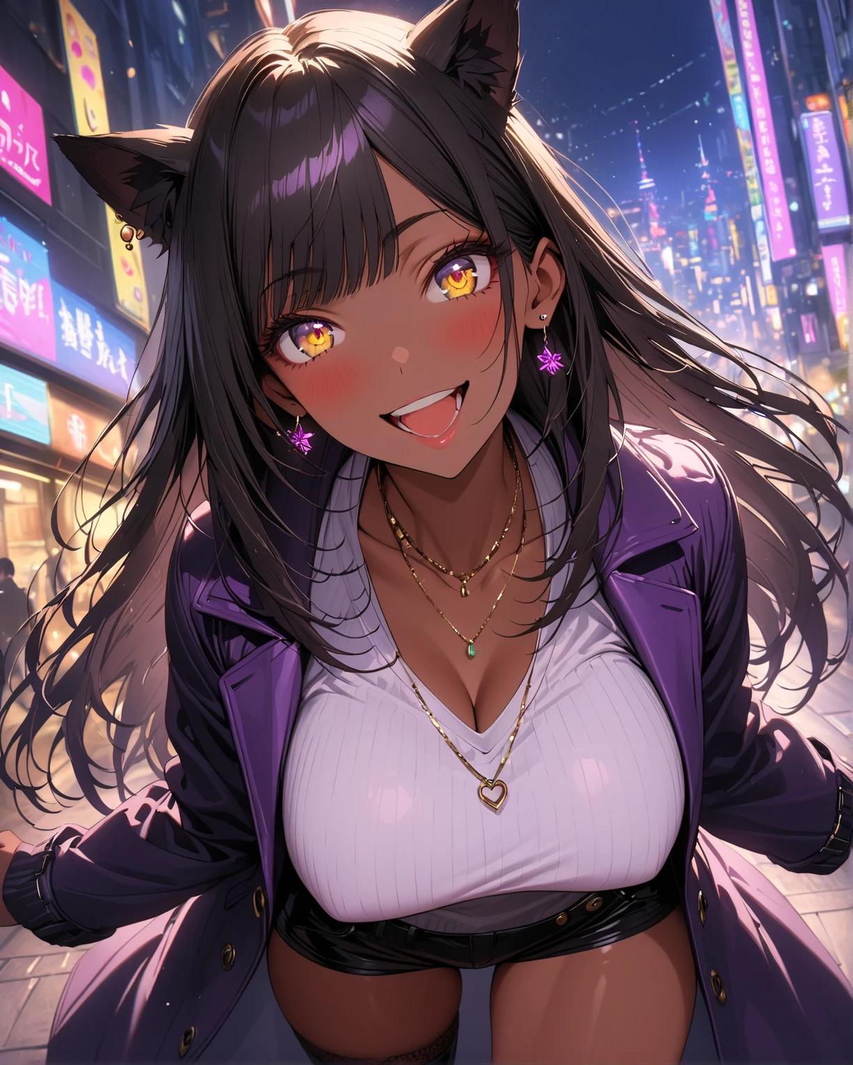 Retrato estilo anime de um sexy, Gatinho africano, com Jet-black Hair, olhos roxos, triste desesperada, Pele escura, Orelhas de gato preto, 1 cauda, perfect composition, hiper-detalhado, 8k, alta qualidade, olhos perfeitos, Art trend, trends on artstation, sharp focus, studio photo, detalhes intrincados, por tite kubo