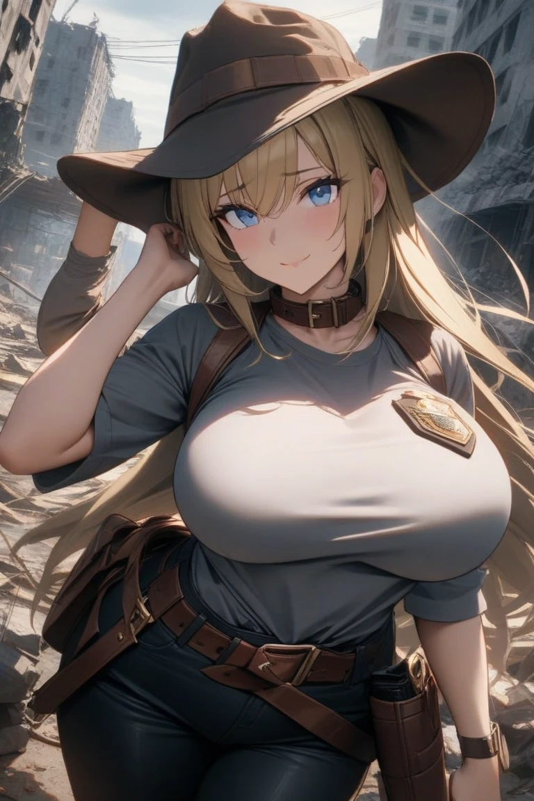 1girl, solo, blonde long hair, large breasts, thighs, (unbuttoned shirt, bra, sheriff hat, badge, pants, cowboy boots), desert background, orange sky