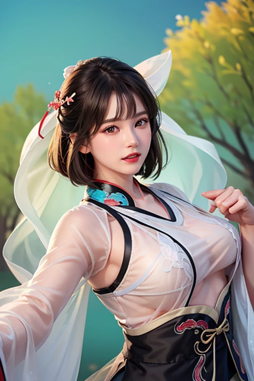 An Idol k-pop girl, cute girl, sexy girl, white braid hair, intricate face details, detailed face, golden ratio face, big breast, big butt, big hip, big thighs, full body, 64K, UHD, HDR, high quality, high detailed, hyper detailed, extremely detailed, photo realistic, ultra realistic, art photo, clarify the details, detailed parts body, intricate artwork masterpiece, trending on artstation, light smile, thin clothes, see through clothes