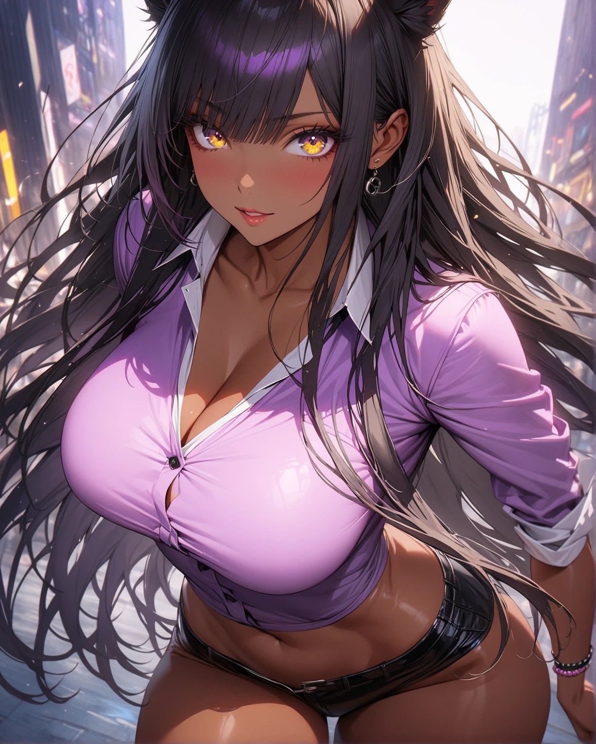 1 girl, (dark skin:1.2), shy, cute, cold expression, (8k, RAW photo, best quality, masterpiece:1.2) ultra-detailed, Super detailed, vivid colors, studio lighting, portrait, white coloured eyes, Night clouds background, Aesthetic, romantic, Luna, wearing goth collar, black hair, unbuttoned shirt revealing her chest