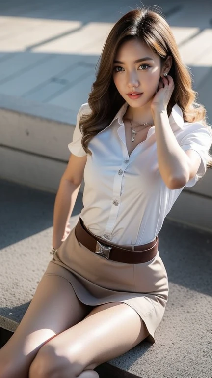 1 female, thighs, sitting on the train, office lady, realistic, Raw photo, white shirt, pencil skirt, pantyhose, pumps,  short hair, bangs, looking at the viewer, highest quality, ８K、big breasts, ,smile、A big smile、