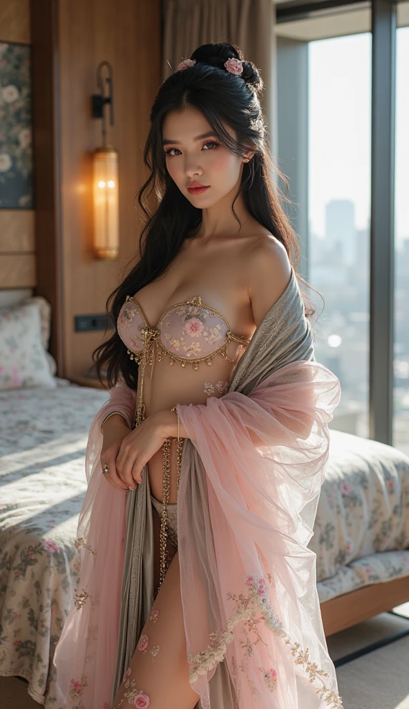 ((masterpiece:1.4, Highest quality)), ((masterpiece, Highest quality,8K)), (Photo realistic:1.4), Center of chest, woman, (Boa Hancock, Cape, Epaulettes:1.2, Cleavage:1.2, jewelry, Earrings), ((Red abdomen: 1.2)), Cleavage, (Long sleeve: 1.5), Big black eyes, cute, young, Dynamic Pose、, (Asian House, interior, window, ( Lick banana、), smile), Cowboy Shot, Professional Lighting, Physically Based Rendering、 Floral thong.