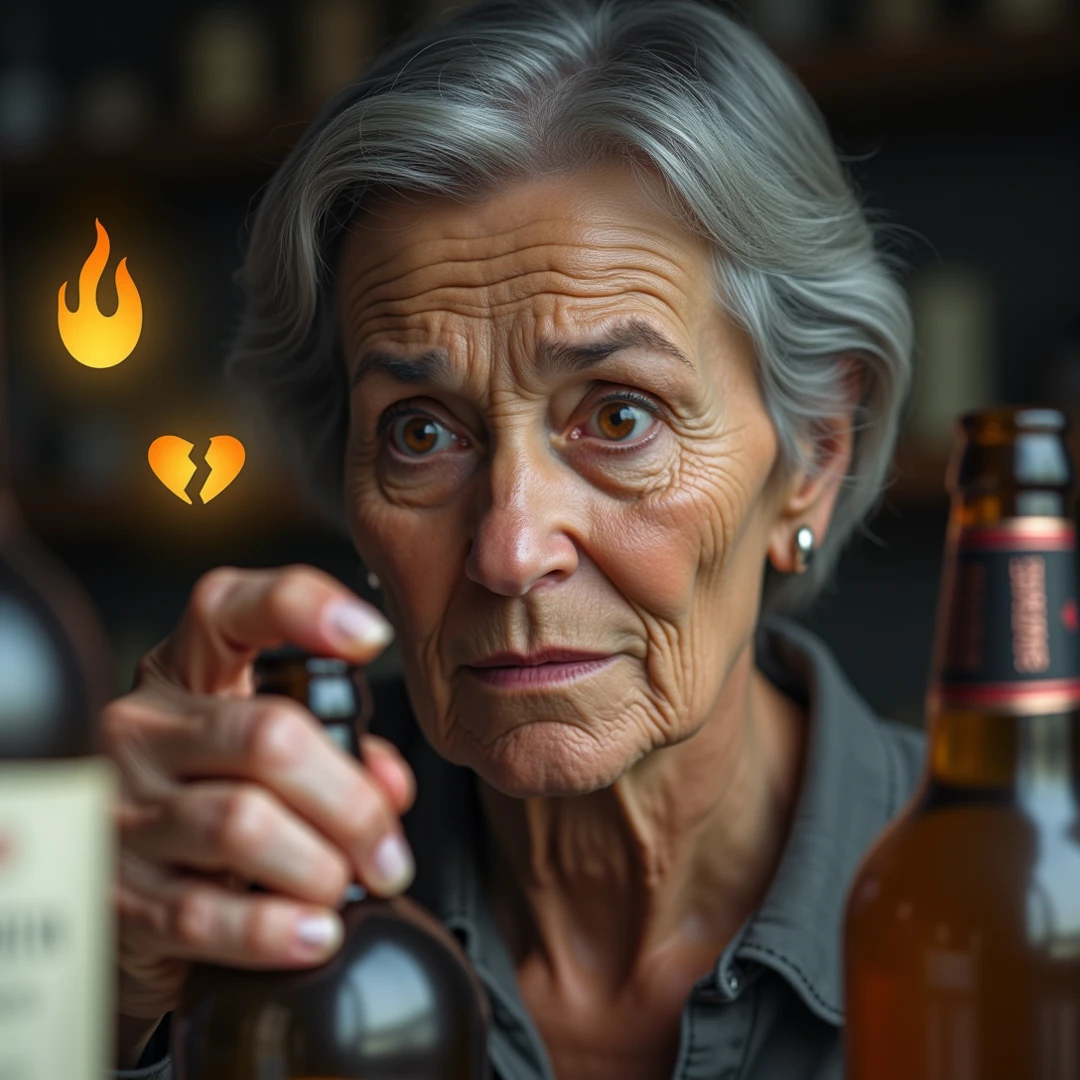 barkeep, 1girl, old, old lady, short hair, white hair, drinking glass, bar (place), looking at viewer, fire, bowl, blurry background, depth of field, realistic