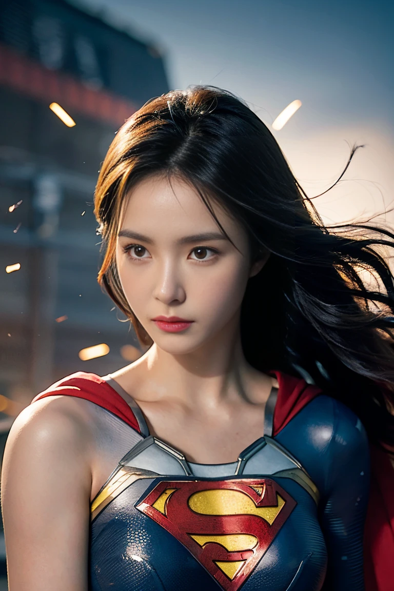 a girl is supergirl costume, masterpiece,ultra realistic,32k,extremely detailed CG unity 8k wallpaper, best quality,, soft lighting,gorgeous light and shadow, stunning environment,vibrant colors, smooth soft skin,detailed face, concept art
