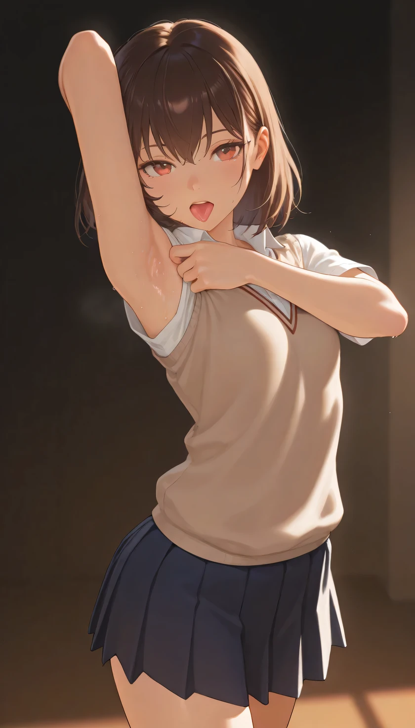 ultra-detailed,(best quality),((masterpiece)),(highres),extremely detailed 8K wallpaper,(an extremely delicate and beautiful, Realistic, ultra-detailed,(best quality),((masterpiece)),(highres), extremely detailed 8K wallpaper,(an extremely delicate and beautiful),score_9, score_8_up, score_7_up, source_anime, masterpiece,best quality,high resolution,8k,ultra HD, perfect face,cowboy shot,beautiful detailed eyes,extremely detailed face,perfect lighting,extremely detailed CG,perfect hands,perfect anatomy,perfect body,perfect hands,girl, solo, Licking armpit by self,, self armpit licking, young anime girl, anime portrait, cute anime girl, at school, open mouth, tongue out, looking at viewers, seductive eyes, skirt, armpits, arm behind head, upper body, sweaty, bare shoulders, wearing tokiwadai school uniform
