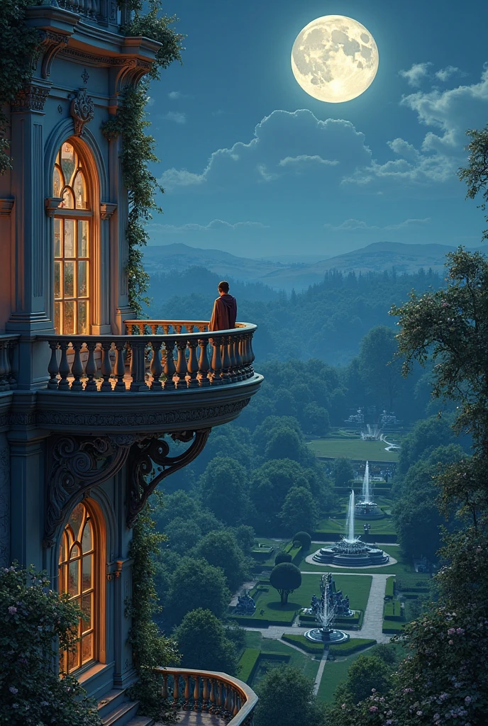 masterpiece, Highly detailed, super realistic, 4k, 8k, detailed background, Victorian style, 
(A view of the gardens reflected in the windows on the second floor of the royal palace),(in door),
(Gorgeous windows),(man standing at a window),(upper body),(living room),(close-up),(by the window),