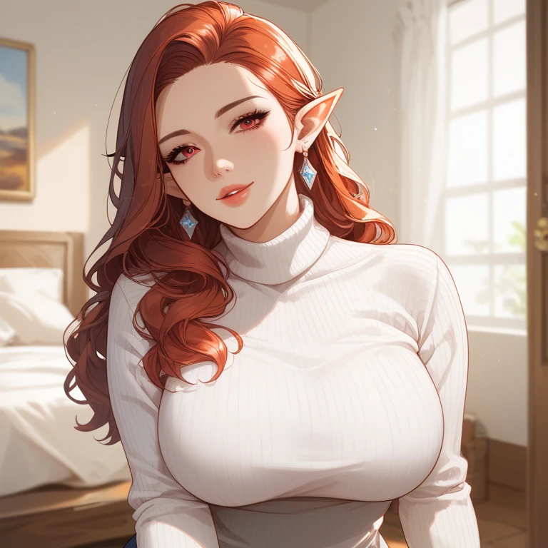 1girl, solo, upper art, dark red hair, very long hair, very curly hair, black eyes, long eyelashes, thick eyelashes, looking at viewer, nonchalant face, black cute dress with ruffles, elf ears, dark home background, livingroom fantasy background, giant breasts
