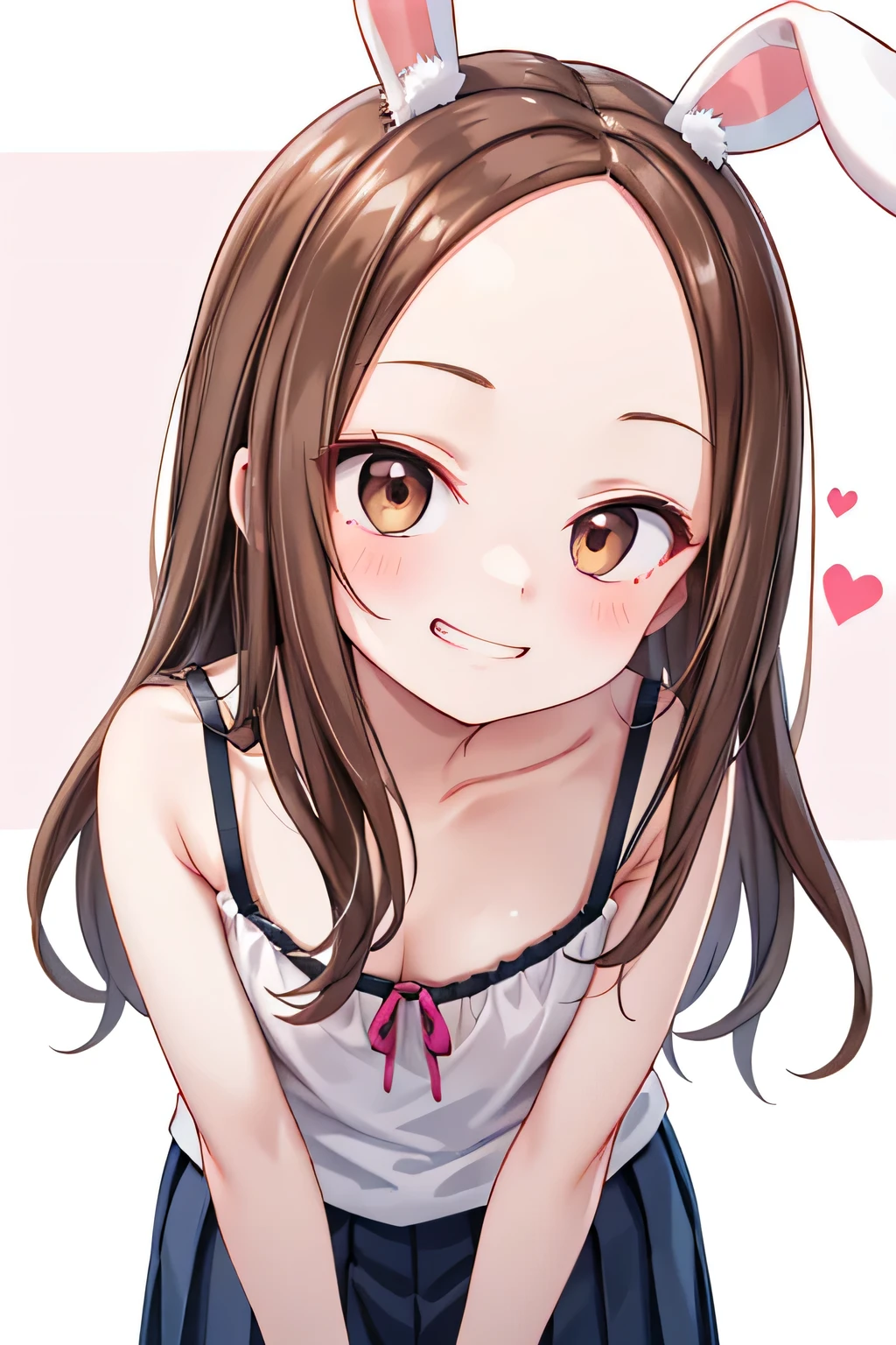 white bunny ear in pink:1.5, pov, front view, facing forward, 1girl, close up face:1.3, aatakagi, center part hair, looking up at the viewer:1.1, tilted head, big breasts squeezed together, v arms, leaning forward:1.1, fashion camisole, pleated skirt, playful smirk:1.2, mischievous grin:0.9, teasing smile:1.5, teasing gaze:1.3, knowing look:1.3, love struck:1.1, simple background, best quality, masterpiece, high detailed, small hearts