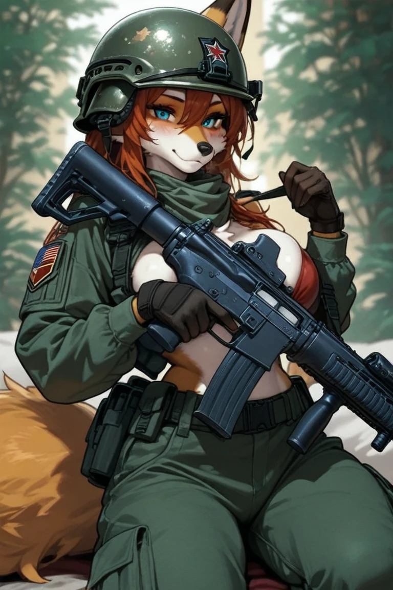 1woman 20 years old, sculpted, military, wearing a soldier helmet, beautiful, perfect body, realistic, red hair, perfect body, thin waist, full outfit, wide hips, large breasts, slim thighs, jungle background, armored vehicle, flying fighters, military robot dog, camouflaged uniform, wealth of details, tight panties marking on the front, head to toe, highly detailed, high resolution, prefect hands,