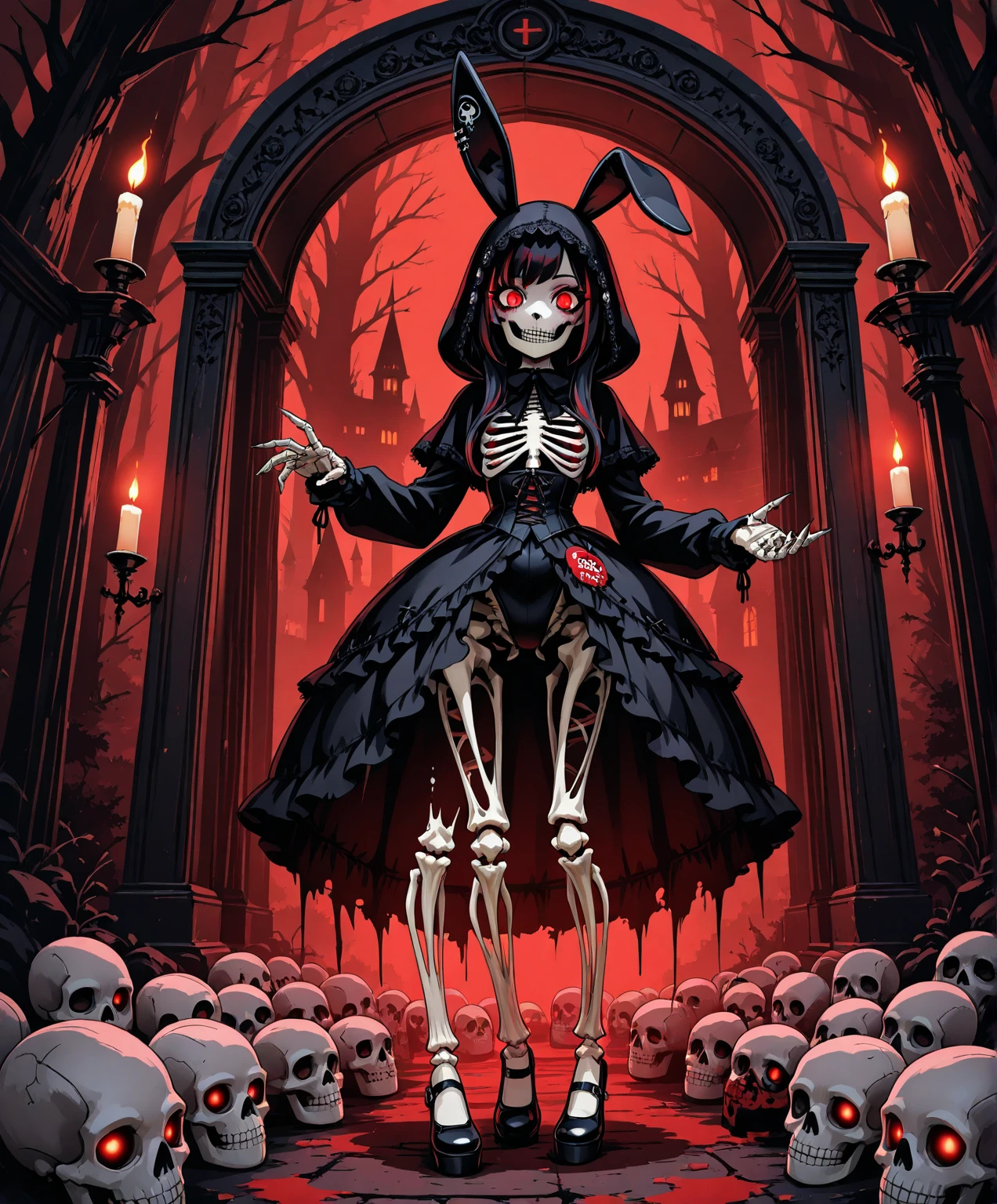masterpiece, Highest quality, High resolution,(Highest quality,4K,High resolution,masterpiece:1.2),Very detailed,Realistic:1.37,masterpiece, Highest quality, Exquisitely crafted, woman, beautiful, elegant, smile, Blood, iridescent Long Hair, bangs, skirt, shirt, Long sleeve, Frills, shoes, (Red and Black:1.4), flower, spooky, Horror, 頭蓋Bones, Long Hair, Black Hair, Candles, Blood, hair flower, Dead, hair ornaments, Bone, doll, 頭蓋Bone, skeleton, Horror (theme),spooky altar background,Dark fantasy,Red color scheme,Ominous atmosphere,eyeを引く,Storytelling,anatomy,Anime Style,Concept Art,beautiful細部までこだわった顔と (((赤いeye ))),A terrifying ritual ,Satanic Ritual,Premature death,Misconduct,クレイジーなsmile,Scythe Face,Girl Monster, beautiful, Delicate facial features, 鋭いeye, Sharp Fangs, 青White skin, blonde,robot,Cursed Painting, Dark Background, Cinema Lighting, Dramatic Shadows, Gothic style, Gloomy atmosphere, Dark fantasy, One Girl, , Please open your mouth wide, Open your mouth and baring your teeth,Sharp teeth like a beast, Wide lips, very wide mouth, Vermilion cheeks, ,(Bloodしぶき:1.4),Scary smile, smile,Fallen angel design, ねじれたsmile、Bloodまみれの、頭からの出Blood,、Bloodしぶき、,(Bloodしぶき:1.4),Crossbones, 頭蓋Bone,Horror 一人の男の子, Cream colored hair, Gray Hair, Pearly hair, nice boy, Bunny ears, Loose-fitting clothing, Larger clothes, dark red eye, eyeの下のたるみ, dark circles under eye, やみcute, Fluffy hair, Voluminous Hair, skinny, slim, very skinny, Androgynous, cute, spooky, short hair, Horror, Faded colors, White skin, spooky, Unnaturally thin, I&#39;m hungry, eye, eye in background, sharp eye, Long eyelashes, Under the eyelashes, Loose shorts, レースshirt, Frillsshirt, Tie the ribbon&#39;head, Detailed clothing, A loose cardigan, Open cardigan, 滴るBlood, that&#39;terrible, nightmare, Haunted, stitch, patchwork, string, Injury, hell, Injury on arms, self-harm, cut, Black Fingers, factory, Abandoned, A dismembered ghost,Many heads,Many heads,Lots of faces,Multiple faces,Multiple Girls,Frolicking Girl,複数のwoman,tea ,クレイジーなsmile,look up,Face shot,Scythe Face,Girl Monster, slave,beautiful, Detailed portrait, Delicate facial features, 鋭いeye, Sharp Fangs, 青White skin, Thick chain, Dark Background, Cinema Lighting, Dramatic Shadows, Gothic style, Gloomy atmosphere, Dark fantasy, One Girl, , Please open your mouth wide, Open your mouth and baring your teeth,Sharp teeth like a beast, Wide lips, very wide mouth, Vermilion cheeks, ,(Bloodしぶき:1.6),Scary face, Laughter　Witch design, ねじれたsmile、Bloodまみれの、頭からの出Blood,,、Bloodしぶき、,(Bloodしぶき:1.6),Crossbones, 頭蓋Bone,　, Horrorスタイル, ((Fantasy Witch Costume)), ((Flowing white hair)), ,(Bloodしぶき:1.6),womanの曲線, Large Breasts, Thick thighs, Sexy flat stomach, Perfect hands, Perfect anime face, ((dark lolita dress)), Are standing, ((邪悪なsmile)), ,(Bloodしぶき:1.6),Victorian cities, gaslight, Steam circulates, Moonlight Illumination, night lighting, A sky filled with stars and galaxies,disaster々new devil horns,,(Bloodしぶき:1.6),アニメゾンビWitch design, ねじれたsmile、Bloodまみれの、頭からの出Blood,,、Bloodしぶき、,(Bloodしぶき:1.6),Crossbones, 頭蓋Bone,,Photo Background,Wide Shot,Scythe Face,Girl Monster, slave,beautiful, Detailed portrait, Delicate facial features, 鋭いeye, Sharp Fangs, 青White skin, Thick chain, Dark Background, Cinema Lighting, Dramatic Shadows, Gothic style, Gloomy atmosphere, Dark fantasy, One Girl, , Please open your mouth wide, Open your mouth and baring your teeth,Sharp teeth like a beast, Wide lips, very wide mouth, Vermilion cheeks, ,(Bloodしぶき:1.6),Scary face, Laughter　Witch design, ねじれたsmile、Bloodまみれの、頭からの出Blood,,、Bloodしぶき、,(Bloodしぶき:1.6),Crossbones, 頭蓋Bone,　, Horrorスタイル,
