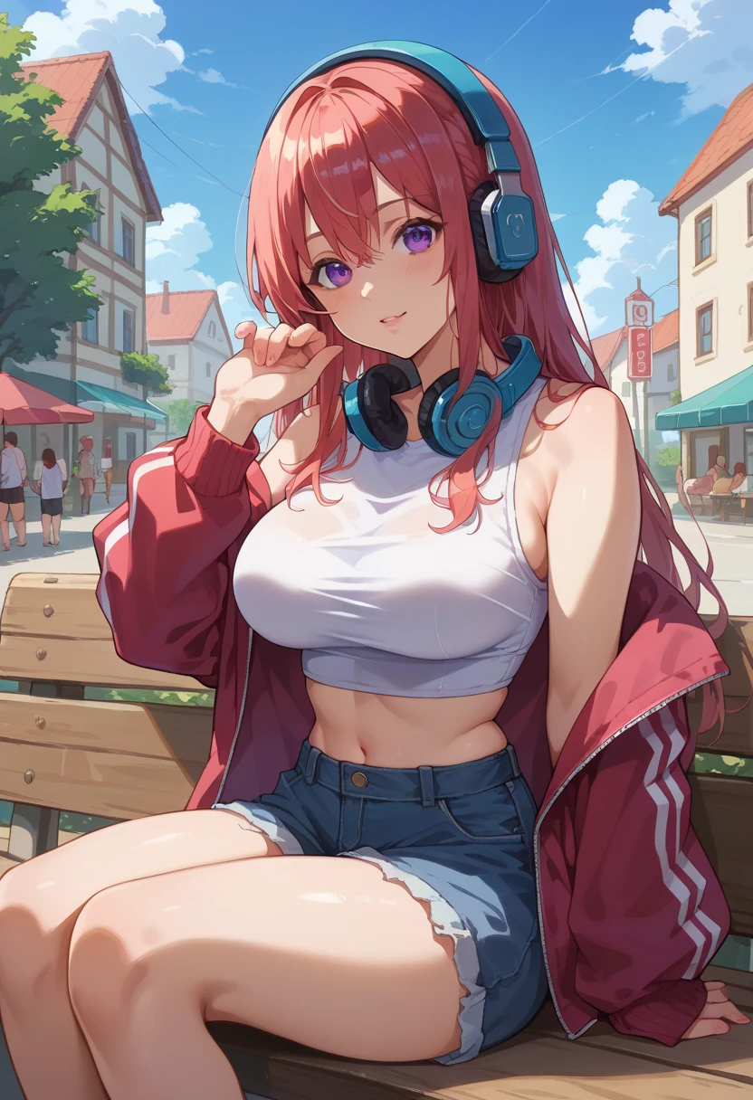 (masterpiece),(intricate details),1girl,mature female,medium breasts:1.39,tired face,brown eyes BREAK lukamegurine, luka megurine, blue eyes, headphones, long hair, pink hair, (medium breast:1.4), Covering her breasts with her hands, BREAK arm warmers, armband, no shirt, no clothes, bare shoulders, (suggested by the context of no wearing clothes, potentially visible in this setting), midriff, navel, totally exposed breasts, exposed pussy, shoulder tattoo, ((reclining on a serene countryside path winds through fields of blooming wildflowers, inviting peaceful walks amidst a natural tapestry of vibrant colors and gentle fragrances.)), BREAK day,sun,rainbow,((cumulonimbus)), depth of field,looking at viewer