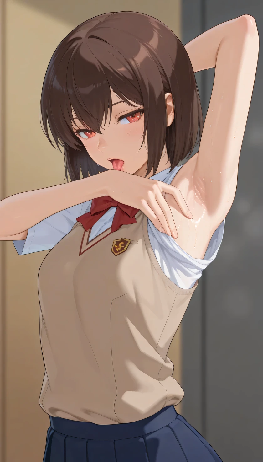 ultra-detailed,(best quality),((masterpiece)),(highres),extremely detailed 8K wallpaper,(an extremely delicate and beautiful, Realistic, ultra-detailed,(best quality),((masterpiece)),(highres), extremely detailed 8K wallpaper,(an extremely delicate and beautiful),score_9, score_8_up, score_7_up, source_anime, masterpiece,best quality,high resolution,8k,ultra HD, perfect face,cowboy shot,beautiful detailed eyes,extremely detailed face,perfect lighting,extremely detailed CG,perfect hands,perfect anatomy,perfect body,perfect hands,girl, solo, Licking armpit by self,, self armpit licking, young anime girl, anime portrait, cute anime girl, at school, open mouth, tongue out, looking at viewers, seductive eyes, skirt, armpits, arm behind head, upper body, sweaty, bare shoulders, wearing tokiwadai school uniform