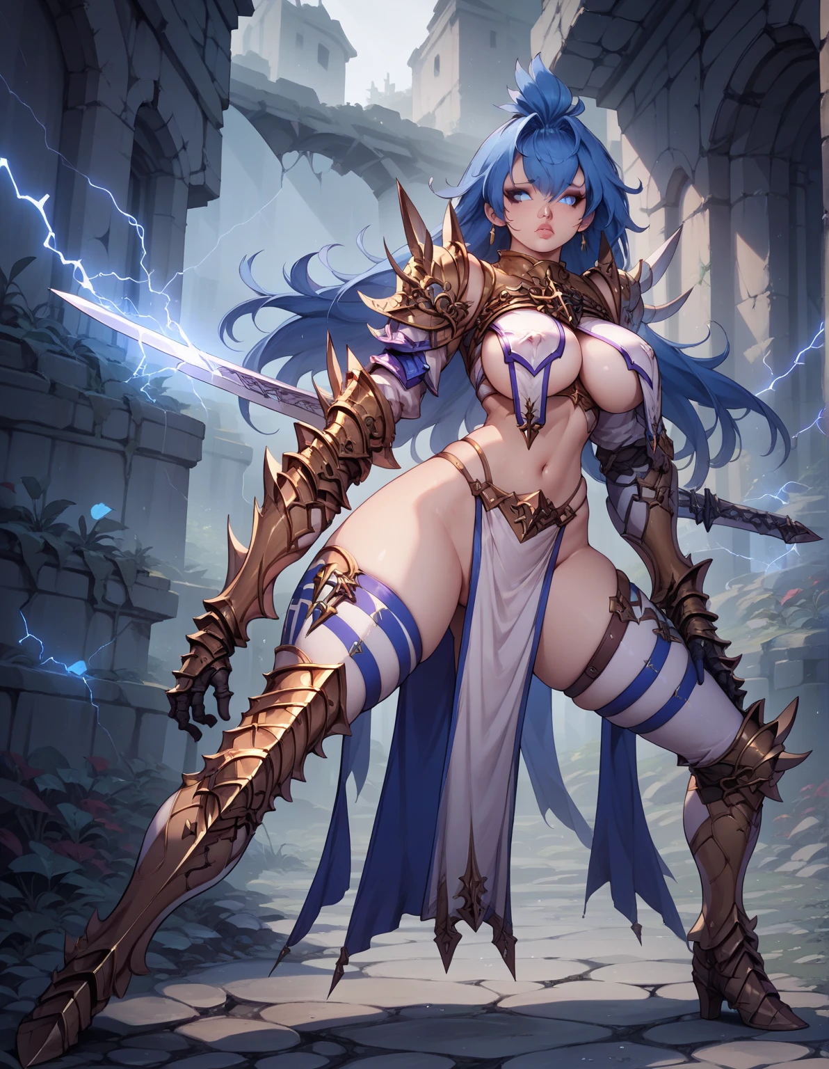 (A muscular and monstrous barbarian girl wielding a massive sword, adornados com intrincados tattoes, e desnudar dentes afiados) + dynamic pose + detalhes intrincados + rindo alegremente, (Big_corpo:1.5),(Escuro_pele:1),(intrincado_detalhe:1),(Complexo_Background Story:1.1), fundo da selva, short hair, (Tatuagens:0.5), (intrincado:1.5), Espalhar_perna