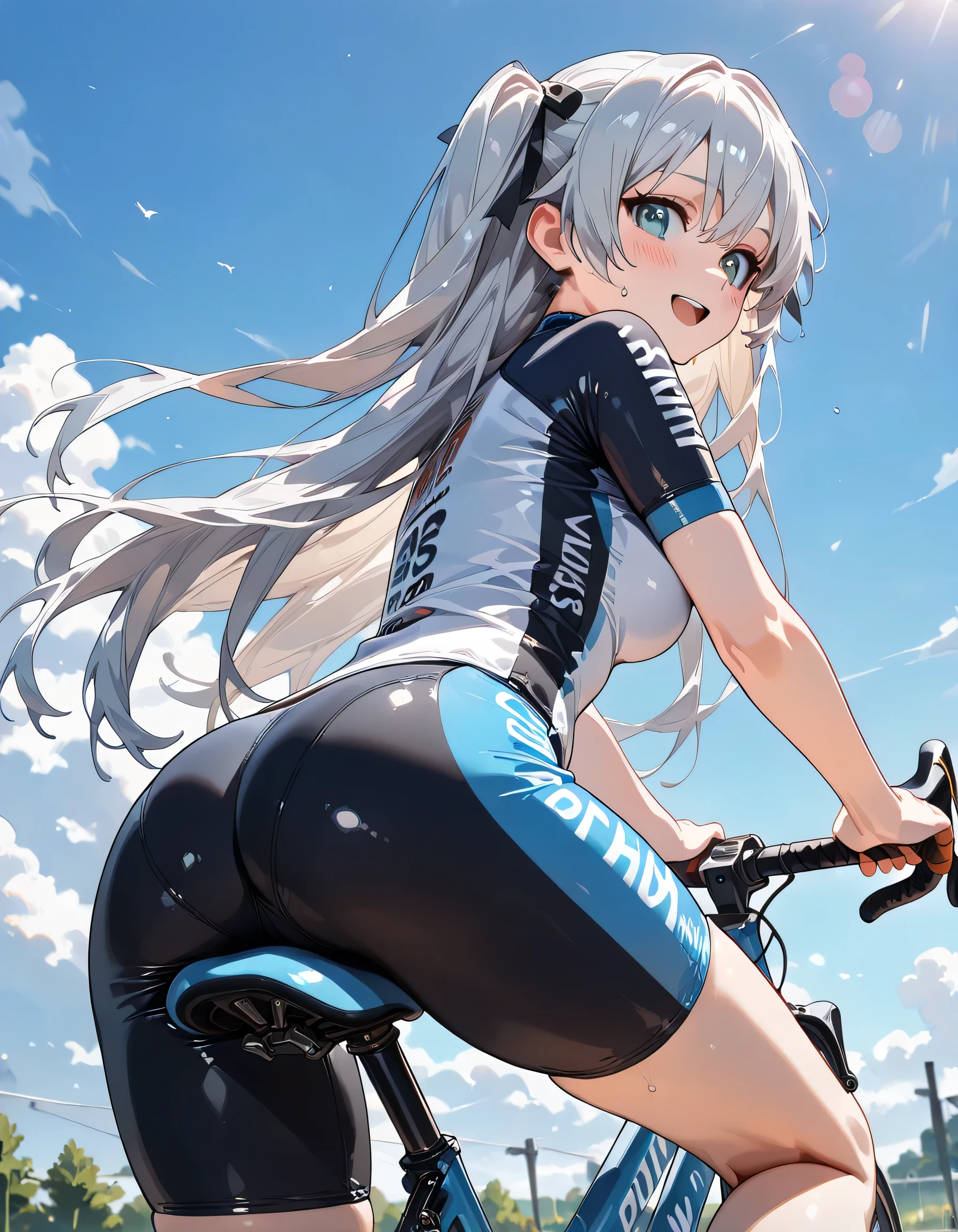 ((ultra-detailed)), (highly detailed CG illustration), (best quality:1.2), ultra-highly detailed, colorful composition, artistic photoshoot, 1girl, solo focus, cowboy shot, moe anime character, girl, dainty facial structure, baby face, round face, rounded chin:1.2, ideal ratio body proportions, blue eyes, sparkle eyes, silver hair color, long hair, two side up, hair ribbon with black, ample breasts, cycling-wear,from below, look of anticipation, (smile:1.3), (happy:1.3), (joyful:1.3), (blush:1.3), (bashful:1.3), hot:1.4, (sweat:1.4), excited, open mouth:1.2, open clotch, petals glowing and fluttering, riding a bike by the cityt:1.3, shiridingforward, shiridingbike, ass, riding bicycle, from behind, ass focus, bicycle, close-up, shiridingside, shiridingbike, from side, ass, riding bicycle, bicycle, beautiful detailed sky, dynamic pose, contrapposto pose, looking at viewer, best quality, masterpiece, looking up, expecting, pink cheek, blush, light pink gloss slip, portrait, depth of field, soft lighting, sidelighting, shine, lighting, caustics, ray tracing, perfect face, lustrous skin, highly detailed face, highly detailed eyes, perfect face, perfect nose, perfect hair, perfect eyes, perfect anatomy, beautiful hair, beautiful small face, extremely detailed face, beautiful detailed eyes, beautiful clavicle, beautiful body, beautiful ample breasts, leavage, breasts squeezed together, equalize the size of the left and right breasts, beautiful fingers, 4 fingers, 1 thumb, lovely, (very detailed background:1.0), (highly detailed background:1.0), summer aesthetic, intricate details, sexy atmosphere, summer colors palette, chromatic aberration