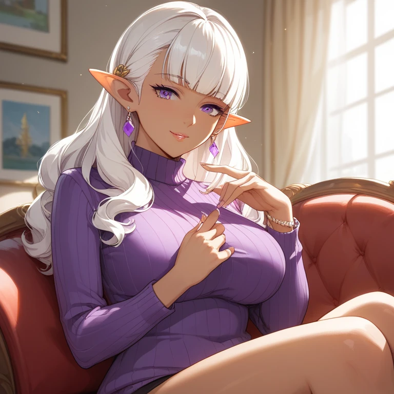 1girl, solo, mature female, milf, succubus, white hair with black highlights, deep violet eyes, smooth pale skin, statuesque and voluptuous body, intricate arcane tattoos, discreet piercings, tall and elegant, wearing a luxurious and seductive outfit, elegant and wise, standing in a richly decorated room filled with ancient books and herbs, natural light, powerful and commanding expression, master of dark magic, enchanting presence, mystical and otherworldly atmosphere, horns, a devil tail.