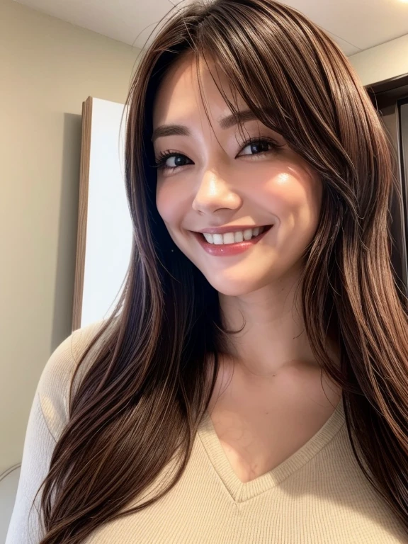 ((Highest quality, 8K, Tabletop :1.3)), Sharp focus :1.2, 美しいMature Woman, 48 years old, Mature Woman, ((Loose knit shirt)), Down blouse, ((Leaning forward)), (Huge breasts:1.3), Highly detailed face and skin texture, fine grain, (Round face:1.4)、((A kind smile))、((A captivating gaze))、Tabletop、