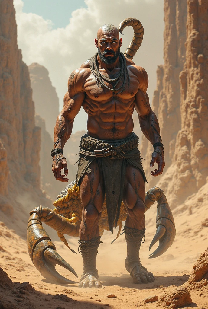 Um homem gigante musculoso feito de areia, is sitting on a stone throne. (still image, alta qualidade, grande detalhamento, textura de pedra realista, lighting dramatic, desert ambience, enquadramento amplo, cor dourada)