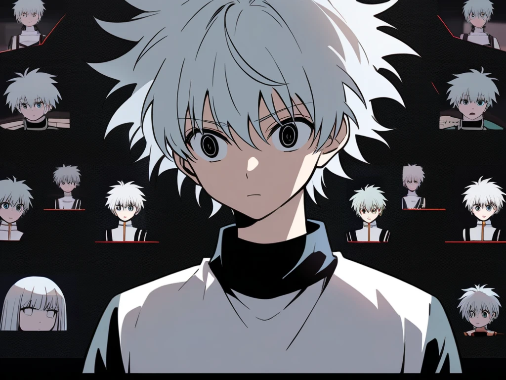 Create an image of the character Killua Zoldyck from Hunter x Hunter with an expression of confusion and mild irritation, as if he were trying to understand something complicated, mas sem sucesso. He must seem surprised and frustrated, with slightly wide eyes and slightly raised eyebrows, transmitting the feeling that he is completely lost or disoriented, reflecting the idea of being 'devoid of intelligence'.  The scene should be simple and clear , with Killua looking straight ahead, as if reacting to the unusual situation of having to do something without fully understanding. The lighting should be soft and the background subtle, to ensure that the focus is on Killua's expression. Make sure that the art style is faithful to the anime, with details on the platinum hair and his typical training outfit.
