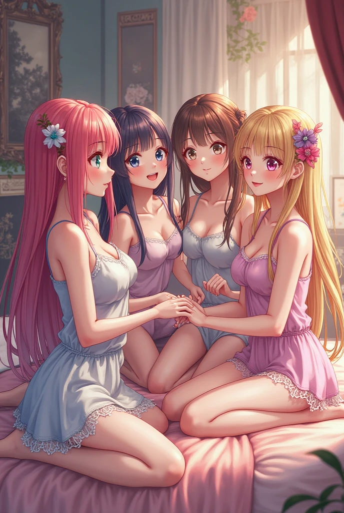 A group of 8 anime girls in semi-nude nightgowns 
