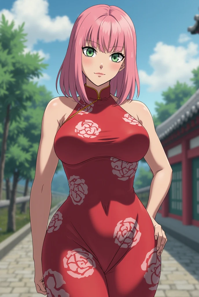 Sakura Haruno,1 girl,kleine Brust,Perfect Body,schmale Taille,sexy body,hellrosa Haare,green eyes,symmetrisches Gesicht,Sharpness,Scharfer Fokus,Extrem detaillierte Kleidung,cute smile,Blick auf den Betrachter,Stillstand,Aufrecht stehend,Beautiful garden in the background,dunkelblaue Raute auf der Stirn,full entire body,full-length portrait,nude,nudity,sex,She shows off her breasts,sie zeigt ihre nippel,perfect round ,naked,naked