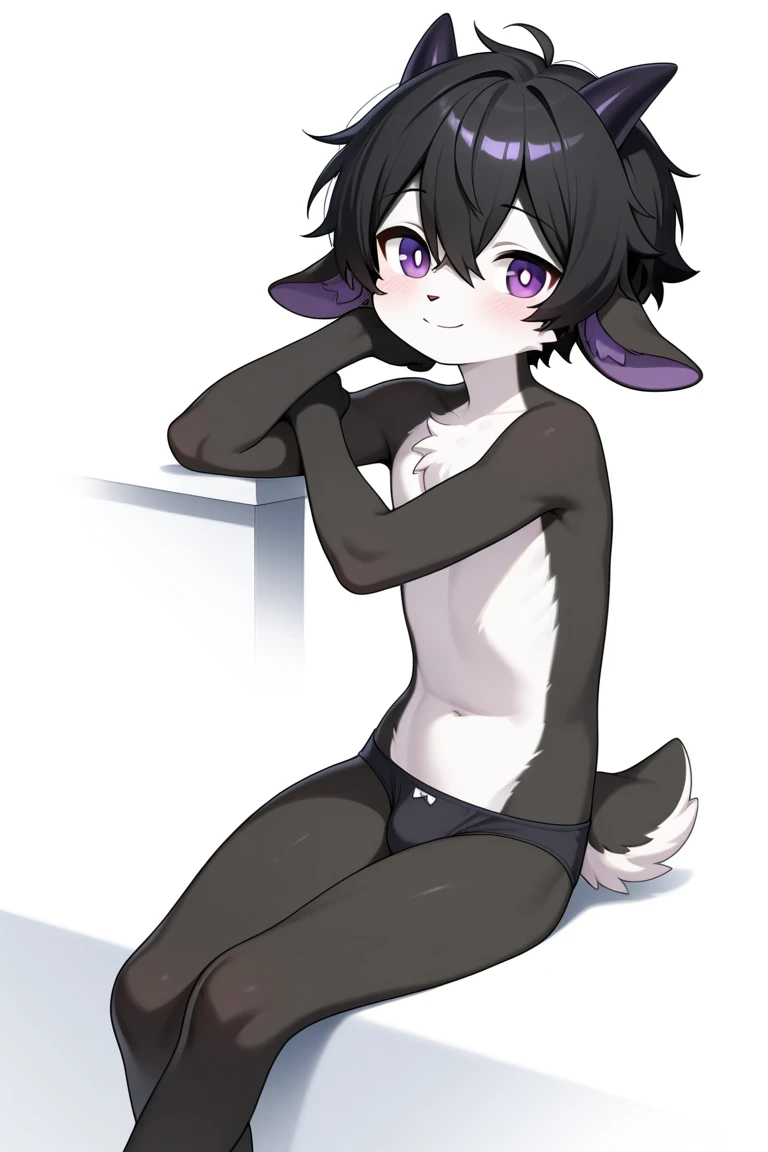 score_9,score_8_up,score_7_up, furred dragon,, furry art, long hair, hair over shoulder, shirtless, ((shota)), (purple fur), purple body, ((soft body)), fuzzy, one fang, purple eyes, kemono, cute, ((eyeliner)), mascara, eyelashes, ???, young, narrowed eyes, between legs, fullbody, floppy ears, navel, belly, penis, view from below, nipples, ear piercing, lingerie, shoulder tuft, chest tuft, excessive fluff, (chest fur), (neck fur), (neck tuft), belt, arm band, solo focus, nude, femboy, anus, legs wide open, sitting, digitigrade,