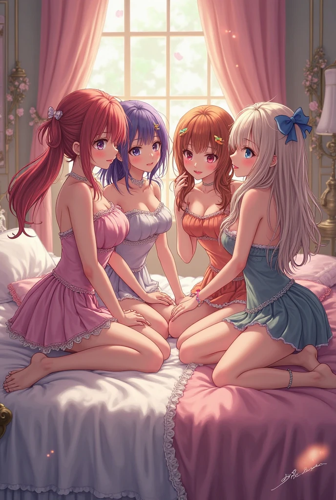 jeune fille en jolie culotte en dentelle, on voit les formes de son sexe se dessiner sou sa culotte, elle est rousse, elle a les cheveux long avec plusieurs tresses, avec les yeux vert et quelques tache de rousseur sur les paumettes, elle est très fine, sa poitrine est très fine, elle a de jolies hanches et les épaules nues, elle pose de manière sur d'elle, le dos bien cambré, elle est allongée sur un lit, dans une jolie chambre de fille bien éclairée.