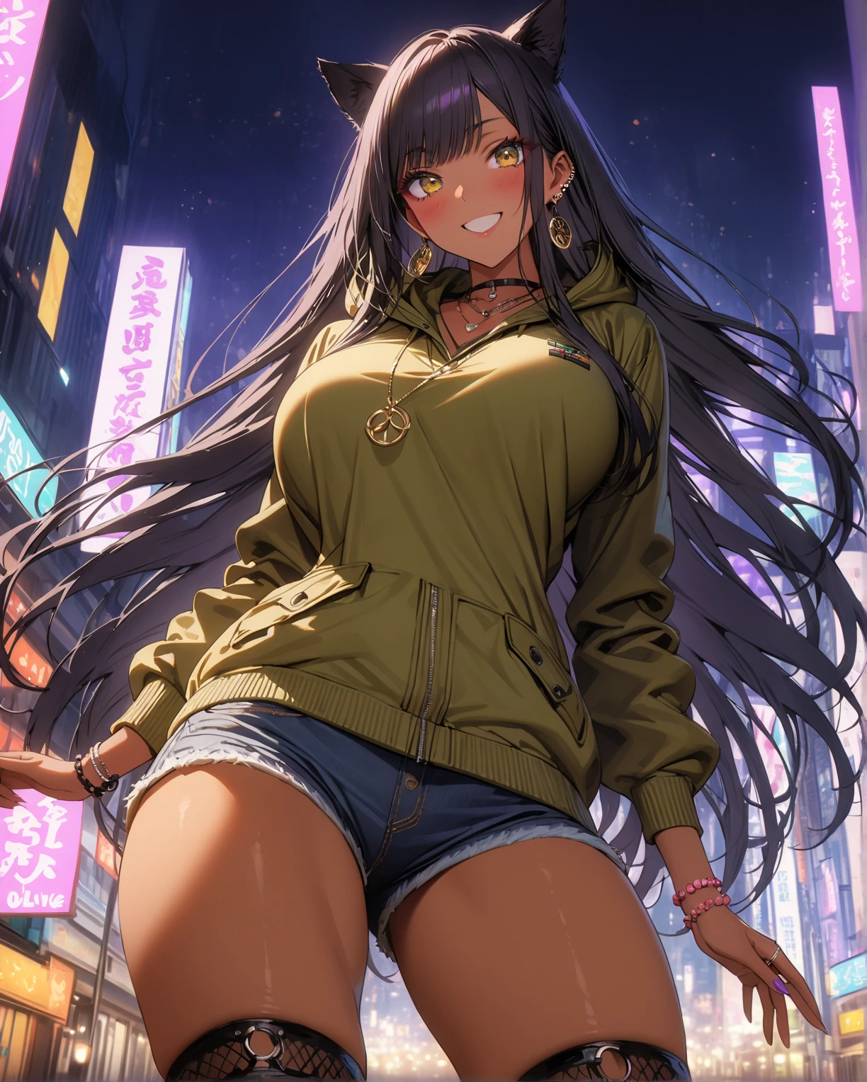 beautiful woman, black hair, orange eyes, freckles, large breasts, extreme cleavage, deep cleavage, thin body, extremely long hair, hair covering one eye, dark skin, off-shoulder sweater, tiny pleated miniskirt, high heels, seductive, happy, smiling, extreme blushing, shopping mall background, 4K, 8K, high resolution, best quality, crisp detail, high definition, ultra-detailed, masterpiece, perfect anatomy
