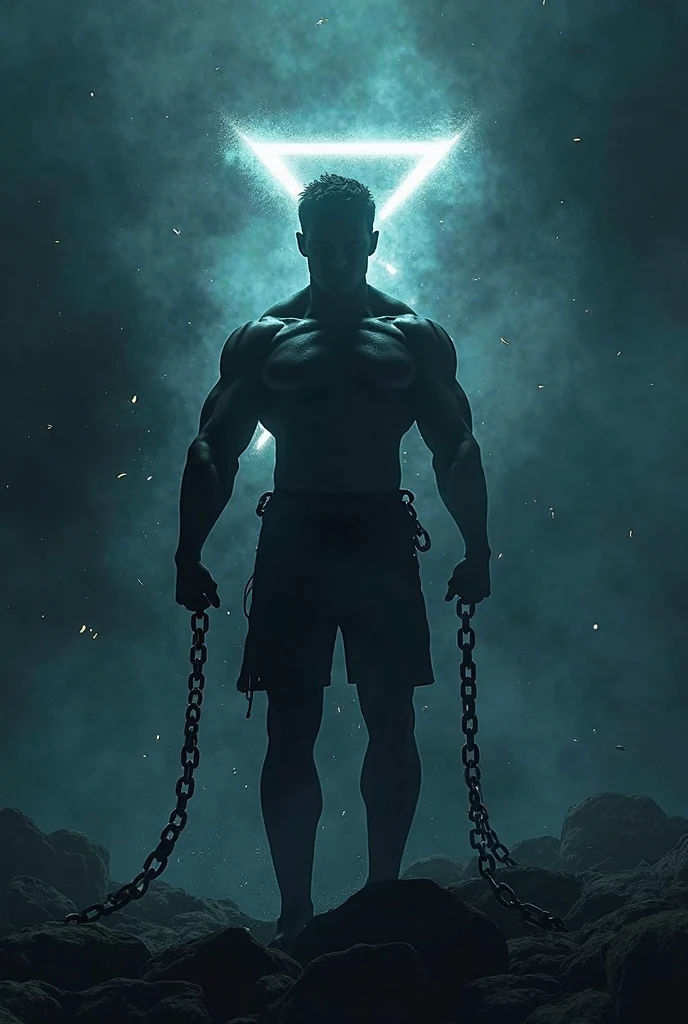 A person trapped in chains, surrounded by darkness. The person struggles to break free, but their efforts are in vain. Then, a ray of light shines down, empowering the person with supernatural strength. The person breaks the chains and emerges into the light.